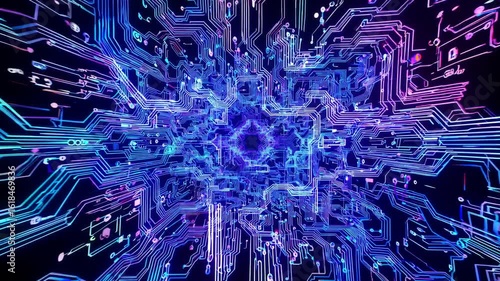 Futuristic background with glowing circuit paths and data lines forming abstract digital maze in blue and purple tones - technology motion backdrop for science and innovation