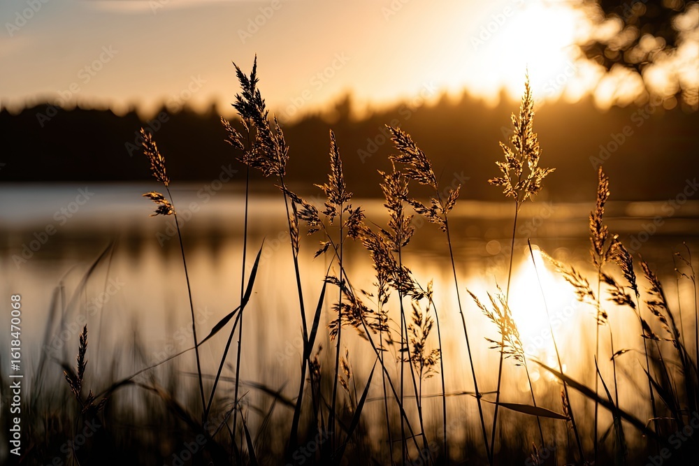 Golden sunset over a lake, reeds in the foreground Golden sunset over a lake, reeds in the foreground