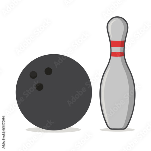 Black bowling ball and striped pin sport game