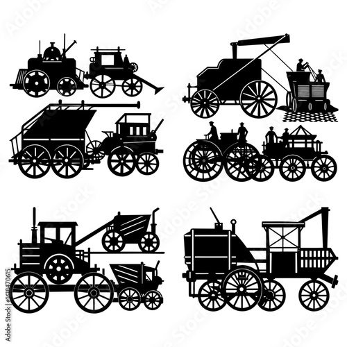 Silhouette illustrations of vintage steam powered vehicles and machinery on a white background display
