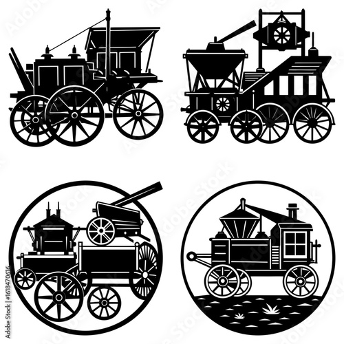 Four black and white illustrations of vintage steam powered vehicles and machinery designs set together
