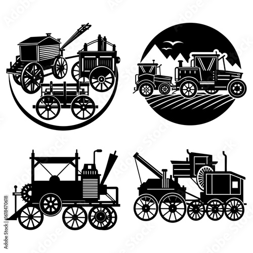 A collection of vintage vehicles including tractors and steam engines in black and white silhouette style