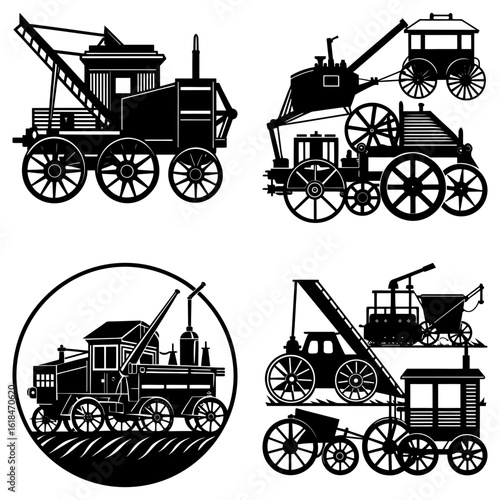 Four vintage steam powered crane vehicles in black silhouette on a white background display various designs