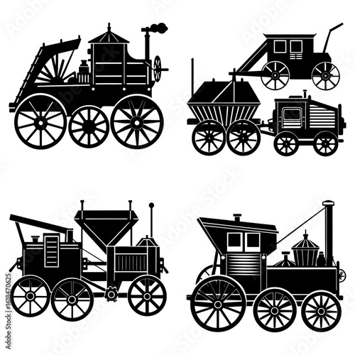 Illustration of four vintage steam powered vehicles with intricate wheel and carriage designs in black silhouette