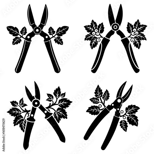 Four black and white illustrations of garden shears surrounded by leaves and small berries in various positions