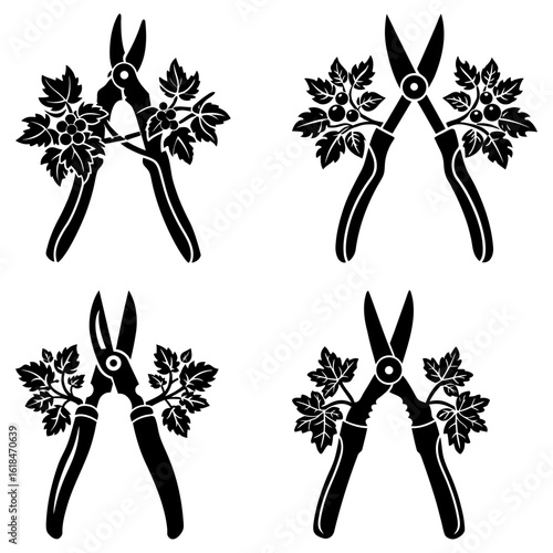 Four black and white illustrations of pruning shears cutting through branches with leaves and berries