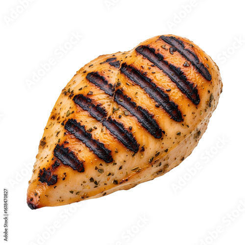 Grilled chicken breast with herb seasoning showing delicious grill marks isolated on transparent background