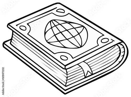 Line art illustration of a thick book with a world globe on the cover, symbolizing global knowledge and education