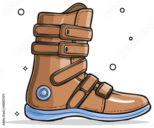 Single Adjustable Brown Ski Boot with Blue Sole and Sparkling Accents