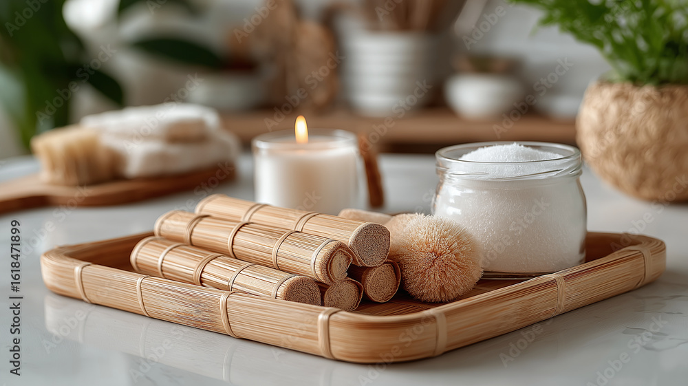 © kampolsuk - Bamboo bath tray with rolled towels, jar of bath salts, and soft brush creates serene spa like atmosphere. lit candle adds warmth and relaxation to scene © kampolsuk - Bamboo bath tray with rolled towels, jar of bath salts, and soft brush creates serene spa like atmosphere. lit candle adds warmth and relaxation to scene