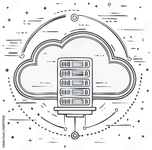 Cloud computing technology concept with data server rack sketch illustration