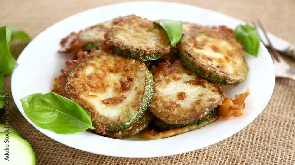 Crispy zucchini slices in sesame on a white plate. Crispy zucchini slices in sesame on a white plate.