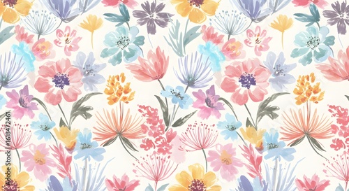 Tossed floral design with soft pastel colors on a white background