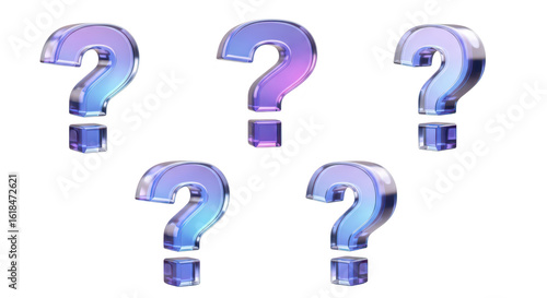 Five 3D question marks in a gradient glass style arranged on a clean white background; useful for concepts of uncertainty query or FAQs