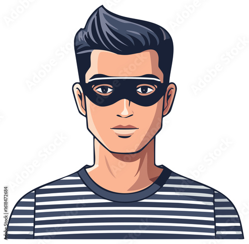 Cartoon style portrait of a masked man wearing a classic striped shirt