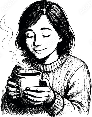 Cozy coffee warmth sketch. Person holding steaming mug in sweater, comfortable indoor comfort scene drawing.