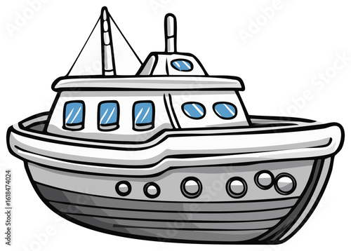 Illustration of a gray cartoon style boat with a cabin and mast floating in the water