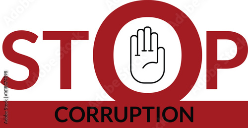 Bold red typography spelling “STOP CORRUPTION” with a raised hand icon in the letter "O", representing a clear anti-corruption message or campaign awareness design.