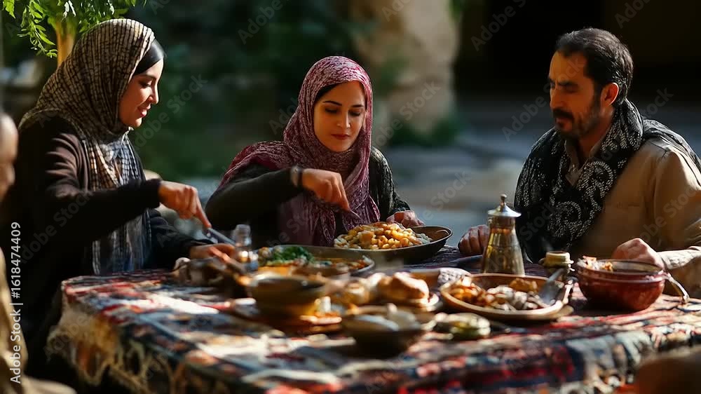 Family gathering around a traditional meal in an outdoor setting, enjoying food and conversation Family gathering around a traditional meal in an outdoor setting, enjoying food and conversation