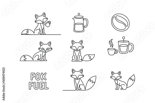 Whimsical fox illustrations with coffee elements and text french press coffee bean