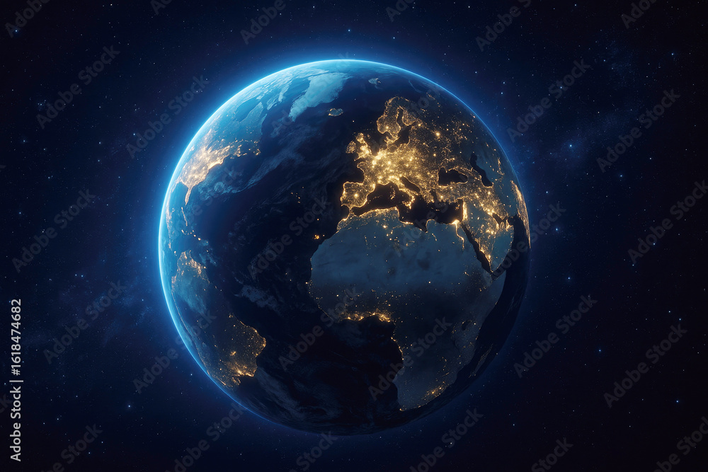 Obraz premium View of Earth illuminated at night from space showcasing continents and city lights across Europe and Africa