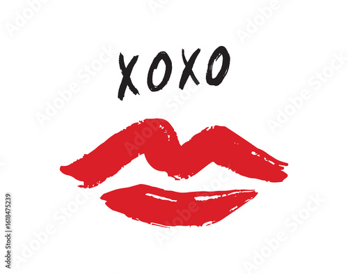 pink red lipstick kiss symbol, hugs and kisses text xoxo. lips xo xo doodle hand drawn icon. Drawing line clipart symbol