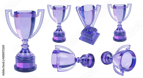 Transparent purple trophies displayed in different positions on a white background for concepts of victory achievement and awards