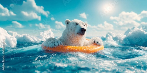 Polar Bear Floating on Lifebuoy Surrounded by Melting Ice