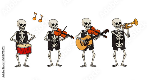 Cartoon Skeletons Playing Musical Instruments in a Band Halloween Theme.