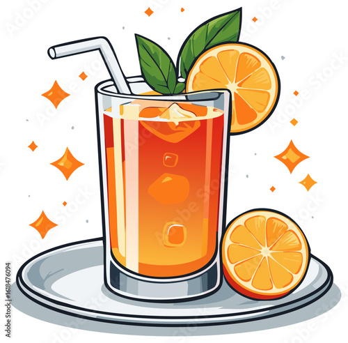 Refreshing orange juice in a tall glass with ice cubes and citrus garnish is a bright and vibrant beverage.