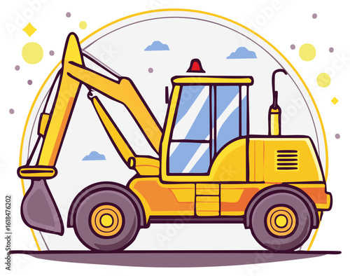 Colorful cartoon yellow construction excavator heavy machinery vehicle with bucket