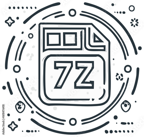 7Z file icon in a hand drawn doodle style with abstract circular elements monochrome design