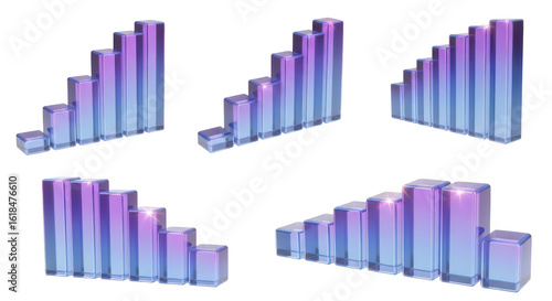 3D glass bar graphs rise and fall showcasing statistical data on white background useful for business presentations