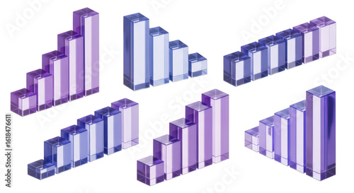 Rendered glass bar charts ascending/descending multiple angled white background representing growth statistics data visualization