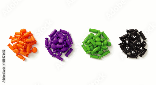 Colorful plastic Halloween candy assortment in four piles including spooky black ghost sweets.
