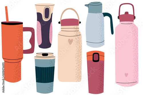Flat vector illustration of various colorful thermoses and reusable travel mugs. Thermoses, reusable cups, cups for hot drinks. Termo containers for warm beverages. Equipment for tourist camping. 