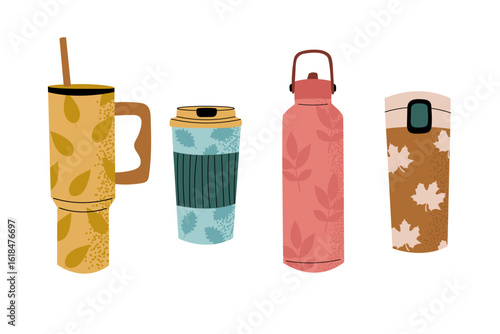Autumn-themed thermoses and travel mugs in cozy fall colors with leaf patterns. Thermoses, reusable cups, cups for hot drinks with autumn design. Termo containers for warm beverages. 