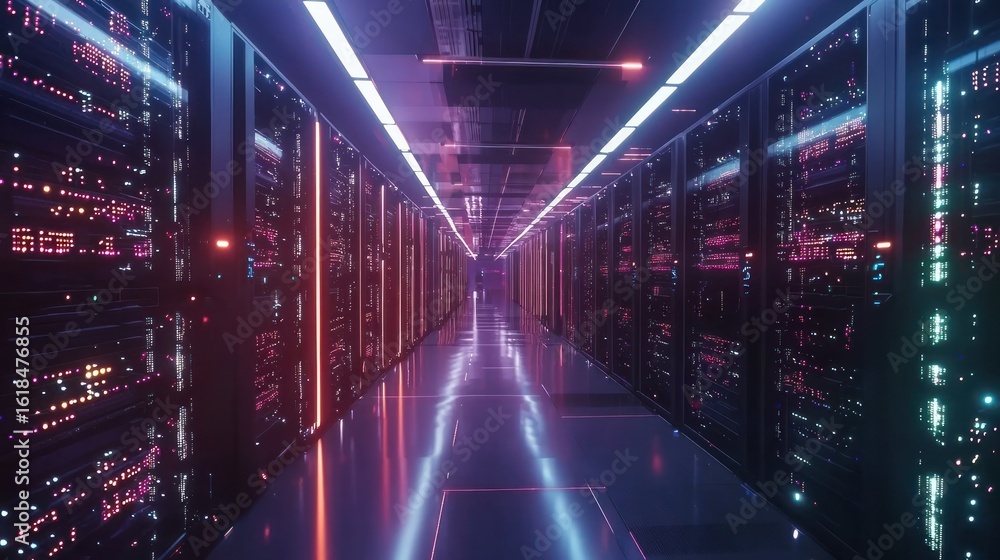 Fototapeta premium Neon data center hallway