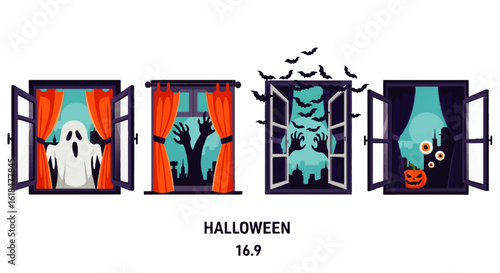 Spooky Halloween windows featuring a ghost flying bats zombie hands carved pumpkin and eerie eyeballs.