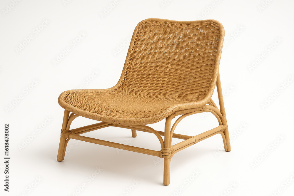 Bohemian rattan lounge chair wide seat curved backrest light honey color handwoven texture isolated clean white background studio product image professionally lit modern boho furniture Bohemian rattan lounge chair wide seat curved backrest light honey color handwoven texture isolated clean white background studio product image professionally lit modern boho furniture
