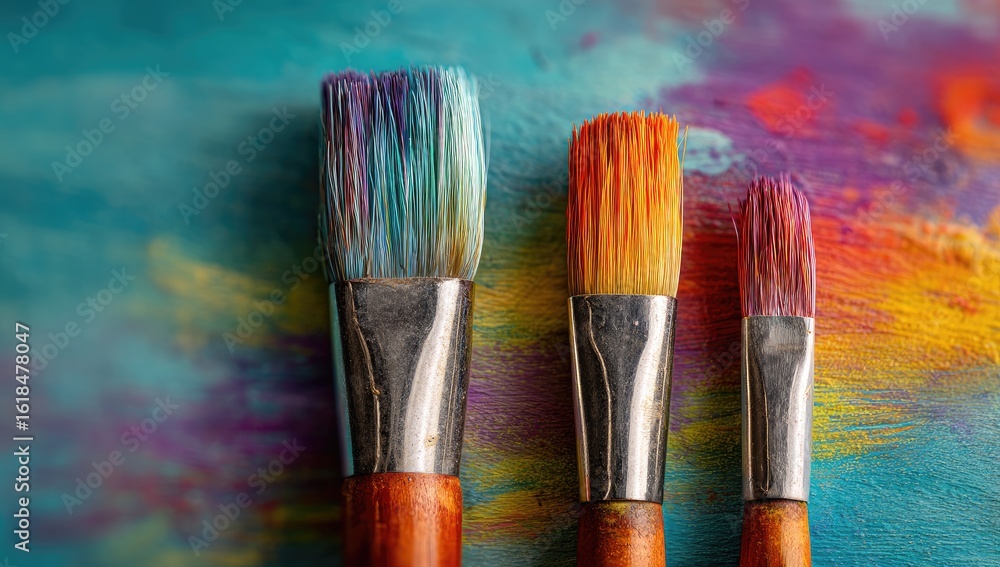 Fototapeta premium Three paintbrushes with vibrant, multicolored paint on their bristles rest atop a similarly colorful, textured canvas