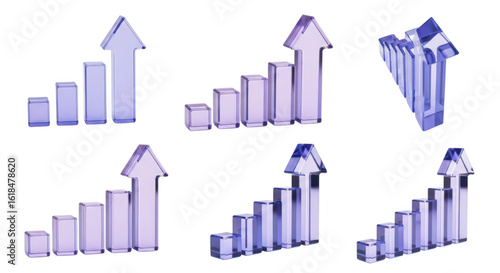 Transparent purple glass charts pointing upwards against a white background illustrating growth and progress suitable for business visuals