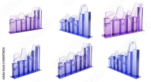 Set of 3D translucent charts indicating market trends visualized against a white background often used in business presentations