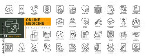Minimalist Online Medicine line icons set with editable stroke, featuring pharmacology, mobile health, medical call, nurse, advice, online health, doctor, hospital bed, app. thin linear illustration.