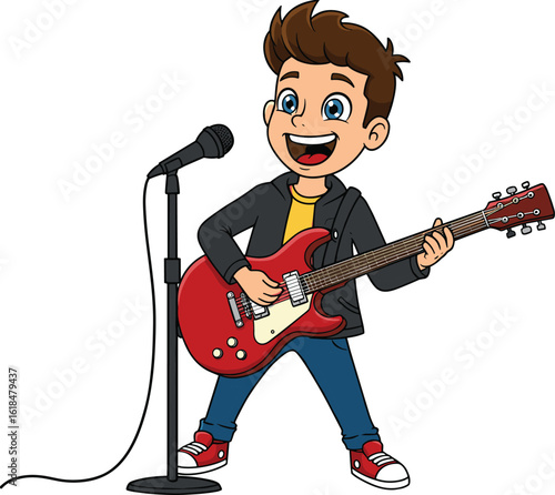 Cartoon boy playing electric guitar and singing into microphone, wearing casual outfit, energetic music performance on stage, isolated illustration
