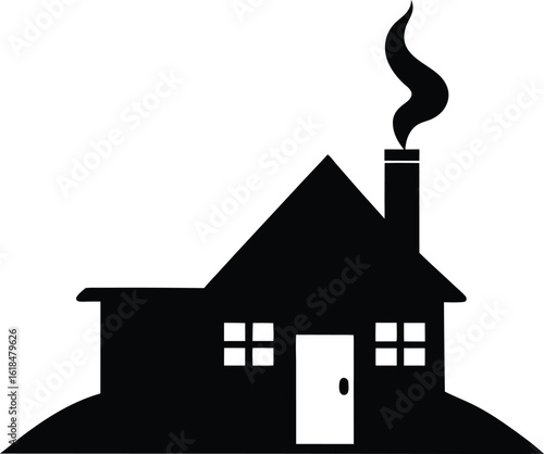 Black silhouette of a house with smoke coming from chimney isolated on white background