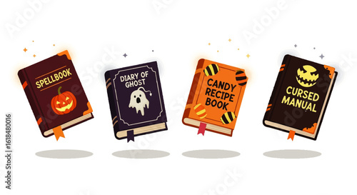 Set of four magical Halloween books: Spellbook Ghost Diary Candy Recipes and Cursed Manual.