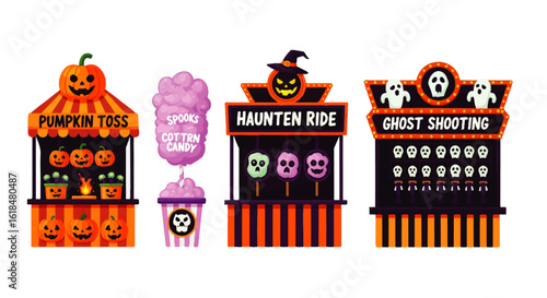 Halloween Carnival Game Booths Featuring Pumpkin Toss Cotton Candy Haunt Ride and Ghost Shooting.