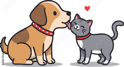 Cute cartoon puppy and kitten vector illustration with happy brown pets