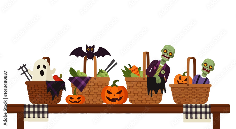 Obraz premium A festive Halloween arrangement of a ghost bat and zombies in wicker baskets with pumpkins on a wooden table.